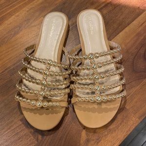Le Chateau Tan Sandals with Gold Studs on Straps Size 10